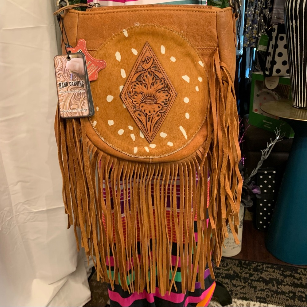 🌟Price Drop🌟❤️American Darling Tan Leather & Tooling Fringed Shoulder Bag - Picture 2 of 14